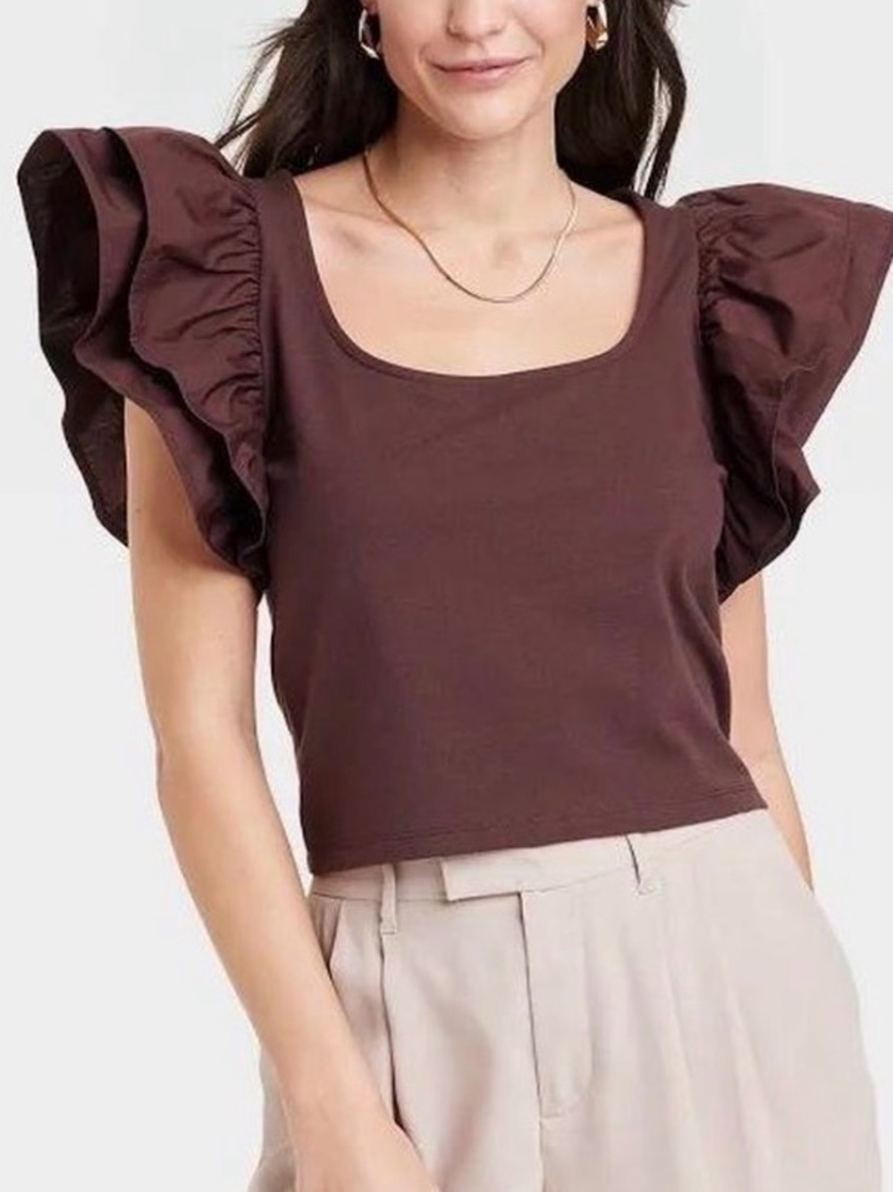 a new day Brown Ruffle Sleeve Square Neck Crop Top
